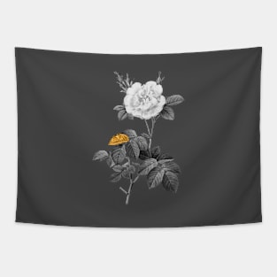 Black and Gold Leaf - Blooming White Rose - Vintage Botanical Tapestry