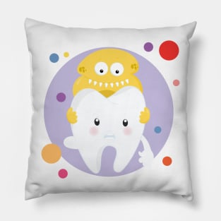 Tooth With Bacteria Cute Kawaii Design Pillow