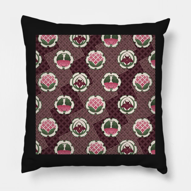 Traditional Japanese Floral Shippou Summer Flower Crest Pattern with Hydrangea, Iris, and Peony in Deep Purple Pillow by Charredsky