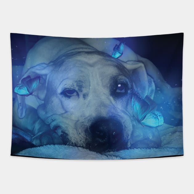 Dog and Blue Glowing Butterflies Tapestry by Dad n Son Designs