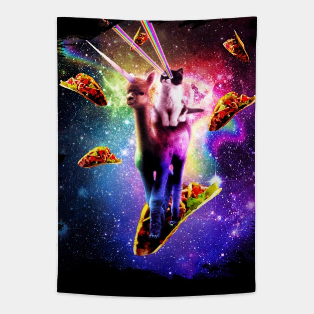Cosmic Cat Riding Alpaca Unicorn Tapestry by Random Galaxy
