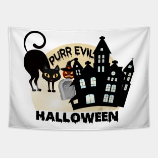 Purr Evil Halloween tee design birthday gift graphic Tapestry