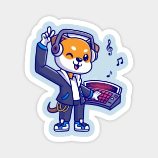 Cute Shiba Inu Dog DJ Playing Music Cartoon Magnet