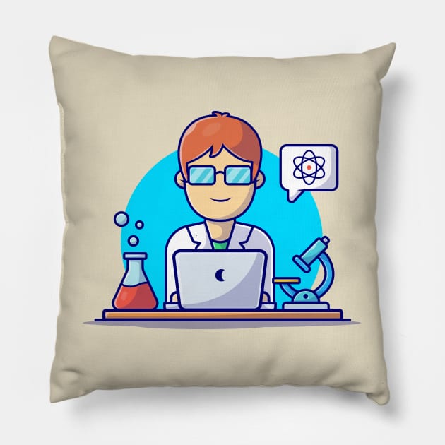 Cute Female Scientist Operating Laptop In The Laboratory Cartoon Vector Icon Illustration Pillow by Catalyst Labs