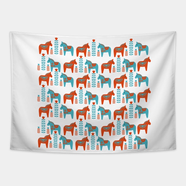 Scandinavian Folk Art Dola Horses and Flowers Pattern Tapestry by oknoki