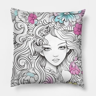 Young Woman's Flowing Hair Merging with Natural Elements Pillow