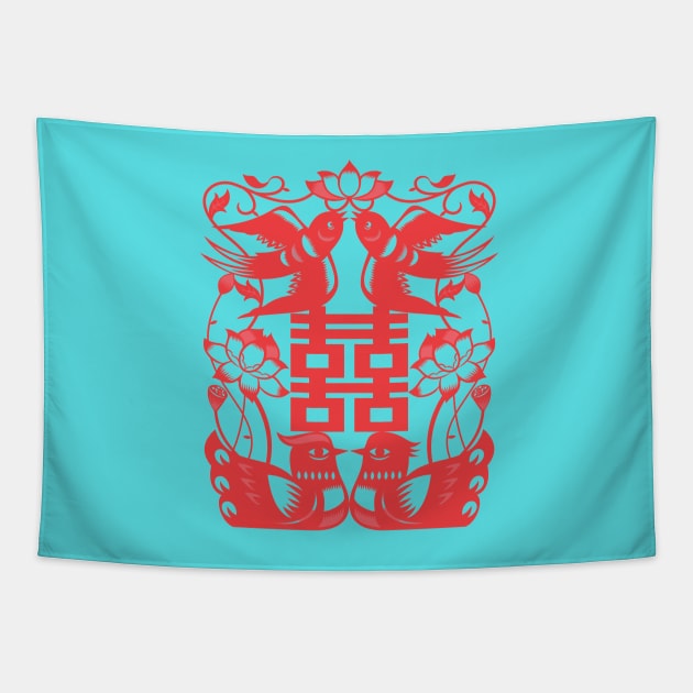 Traditional Chinese Paper Cutting Pattern - Hong Kong Retro Turquoise Blue with Red Symbol Tapestry by CRAFTY BITCH