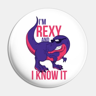 Cool dinosaur - illustration of a smiling t-rex wearing sunglasses “I’m rexy and I know it”. Trex lover gift Pin