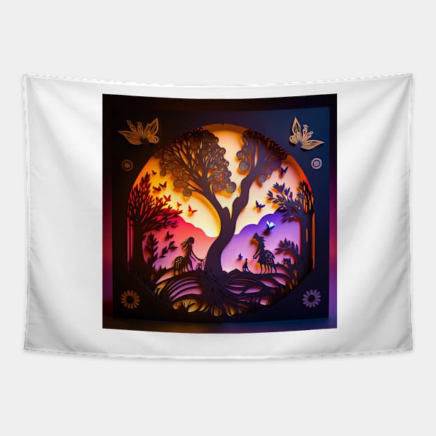 3D Effect Papercut Art - Fairytale Scene Tapestry by TheArtfulAI