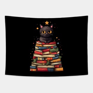 Black Cat Bookworm Christmas Tree Books Tapestry