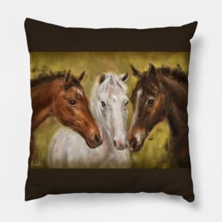 Painting of 3 Horses - Brown and White on Mustard Yellow Background Pillow
