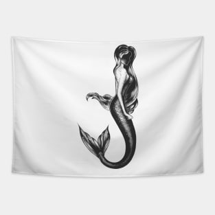 Mermaid hand drawn monochrome print T-Shirt Tapestry