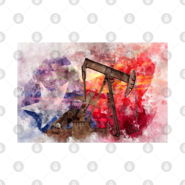 Texan Pumpjack with Texas Flag watercolor by SPJE Illustration Photography