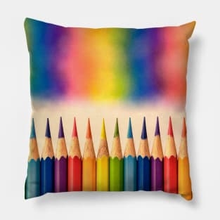 Retro style image of colorful coloring pencils with an out of focus vibrant rainbow  mural graphic above the row. Pillow