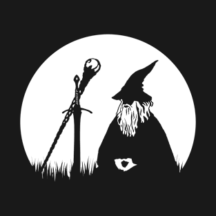 Moon Meditating Wizard - Minimalist Black and White Fantasy Silhouette T-Shirt