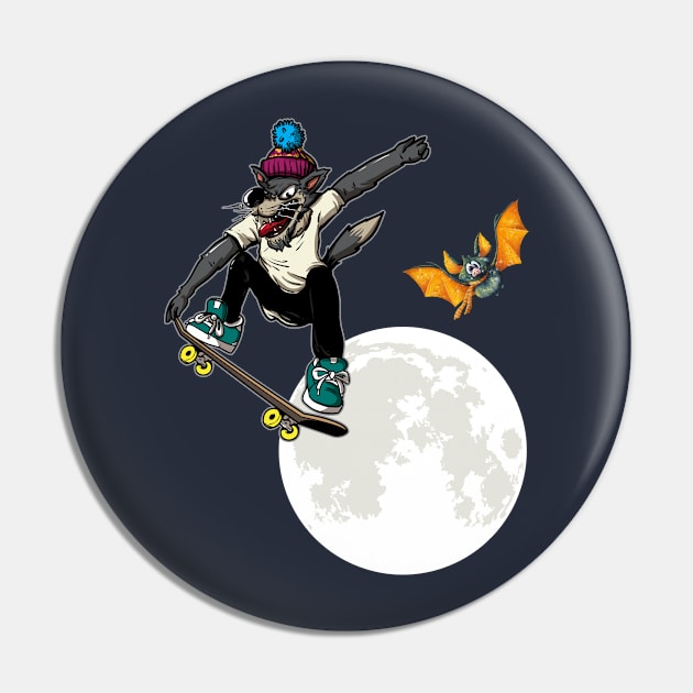 Skateboarding Wolf Over the Moon Bat Pin by letnothingstopyou