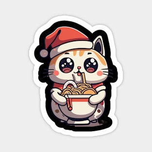 Kawaii cat eating noodles Christmas design Magnet