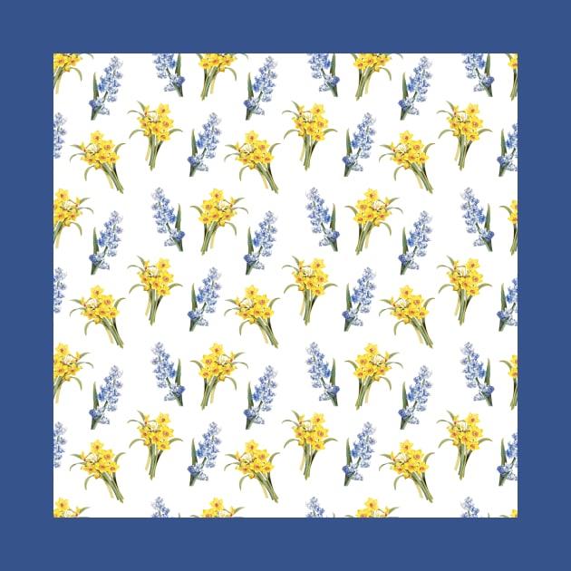 Spring flowers in yellow and blue, on blue tee by bettyretro