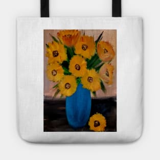 Some sunflowers and blue flowers mixed medium and metallic paints. Tote