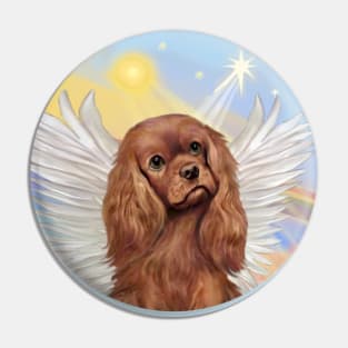 A Ruby Cavalier King Charles Angel Floats in Heaven's Clouds Pin