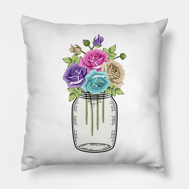 Roses In Mason Jar Pillow by Designoholic