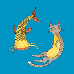 Cat Illustration T-Shirt - Cat and the catfish by Luka Va