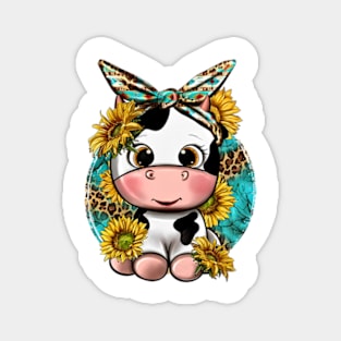 Cute Cow With Sunflower And Leopard, Hand Drawn Cow, Baby Cow Magnet