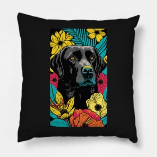 Black Labrador Retriever Dog Vibrant Tropical Flower Tall Retro Vintage Digital Pop Art Portrait Pillow