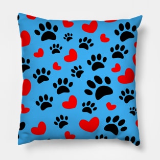 Black Dog Paws Red Hearts Pattern On Blue Pillow