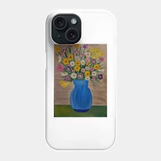 A still life painting of mixed flowers in a blue vase Phone Case