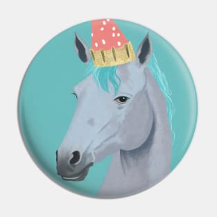 Horse with Party Hat Portrait - David Hockney Style Artwork Pin