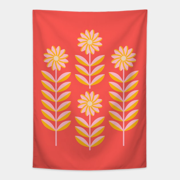 LOVE ME LOVE ME NOT Folk Art Mid-Century Modern Scandi Floral in Pink and Orange on Coral Orange - UnBlink Studio by Jackie Tahara Tapestry by UnBlink Studio by Jackie Tahara