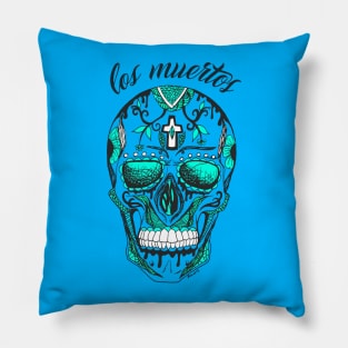 Blue Los Muertos Skull Pillow