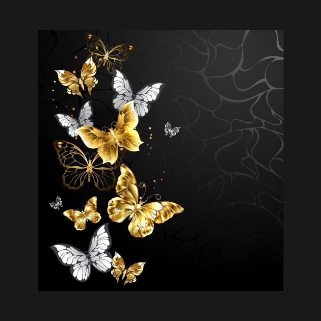 Gold and White Butterflies on black background by Blackmoon9