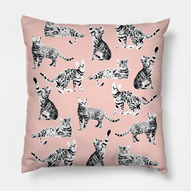 Bengal Kittens Grey Seamless Pattern Pillow by meownarchy