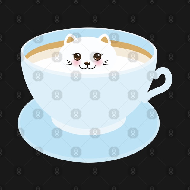 Cute Kawaii cat in blue cup of froth art coffee by EkaterinaP