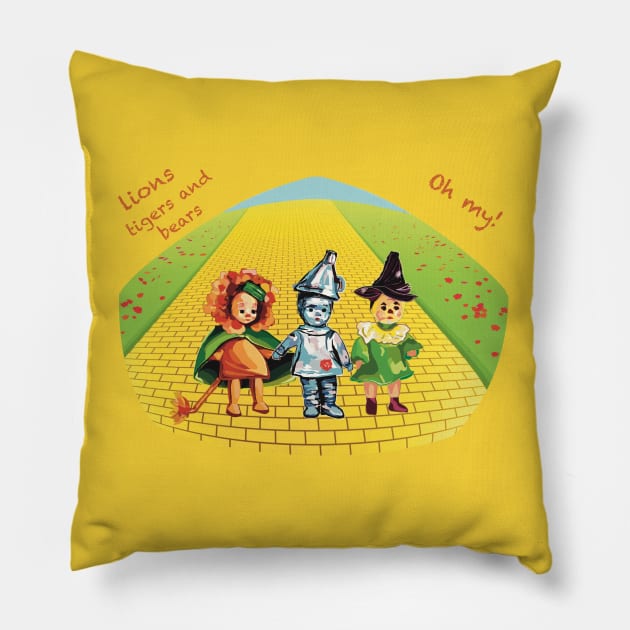 Lions tigers and bears, oh my! Cowardly lion, tin man and scarecrow kids. Wizard of Oz. Pillow by Peaceful Pigments