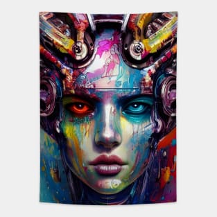 Cyberpunk Girl Dripping in Liquid Rainbow Tapestry