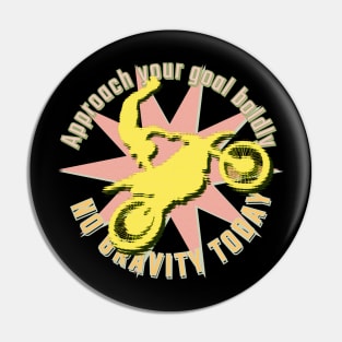 Approach your goal boldly. No gravity today. Yellow motorcyclist in jump position on a motocross bike against a light pink star background Pin