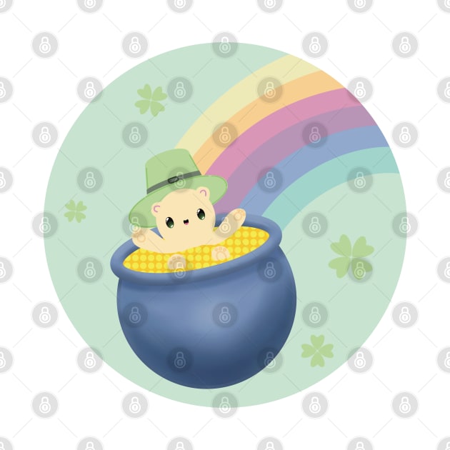 St Patrick’s Day, cute saint patricks day illustration with cute bear in pot of gold and leprechaun hat and rainbow by Catphonesoup