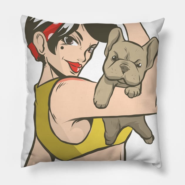 Pinup girl with bulldog puppy Pillow by madeinchorley