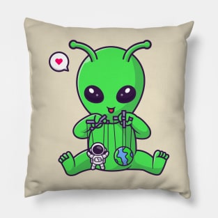 Cute Alien Playing Astronaut And Earth Puppet Cartoon Pillow