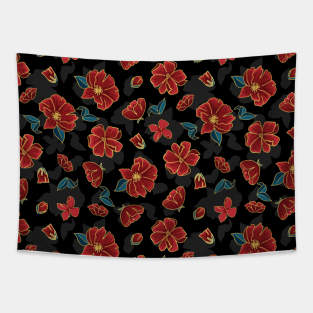 Red Beautiful Flowers with Golden Outline Tapestry