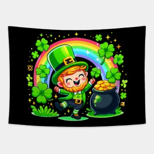 A cute Irish Lad dancing an Irish jig celebrates St Patrick's Day with a rainbow pot of gold and shamrocks Irish Pride Irish American four leaf clovers Irish dance Tapestry