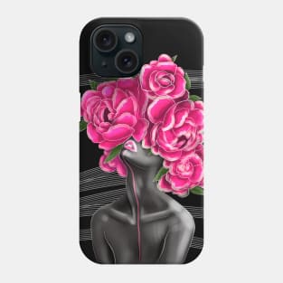 Black and white girl with color beautiful flowers in her head. Phone Case