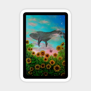 Whale flying in the sky with flower view Magnet