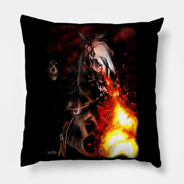 On Horses Snortin' Fire Pillow by lucafon18