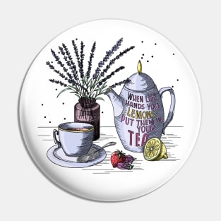 Herbal tea set. Tea cup, teapot with text and lavender in a vase. Pin