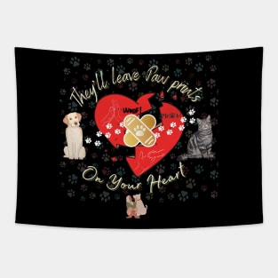 Pet lover Dog and Cat Paw prints on Your heart Tapestry