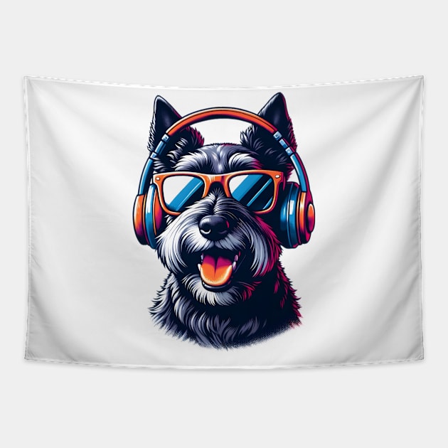 Smiling Scottish Terrier DJ Charms in Japanese Aesthetic Tapestry by ArtRUs